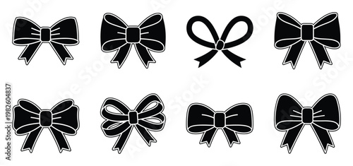 Collection of diverse bow ribbon vector icons perfect for festive celebration decor, present packaging, wedding invitations, and seasonal greeting graphics
