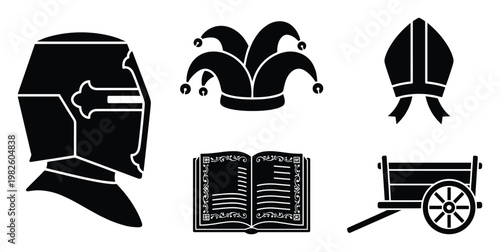 Monochromatic silhouette historical icons depicting medieval life and society with symbols like a knight helmet, jester hat, bishop mitre, book, and wooden cart, perfect for educational