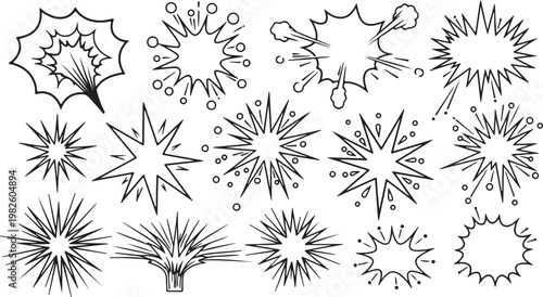 Set of Hand Drawn Comic Book Explosion Bubbles and Starburst Doodles