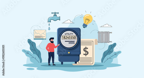 Utility management and energy consumption tracking illustrated with a man checking a large meter for water gas and electricity.