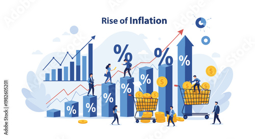Global economic inflation and rising prices concept with people climbing bar charts and pushing carts full of gold coins.