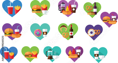 Colorful heart icons collection featuring diverse food and drink combinations burgers fries coffee donuts wine cheese pretzels breakfast meals