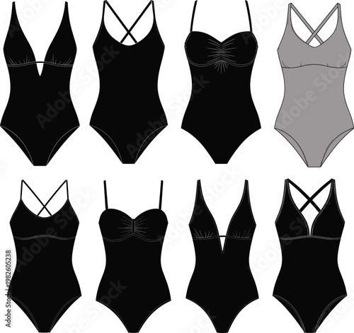 Collection of one‑piece swimsuits in black and gray, fashion vector illustration set showcasing diverse strap styles, necklines, and back designs