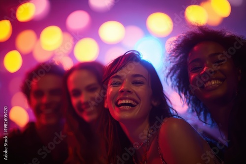 diverse group of young friends laughing under colorful party lights joyful nightlife celebration