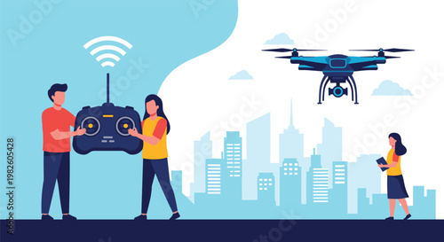 Operators control a high tech quadcopter drone over a modern city skyline using wireless remote technology for aerial views.