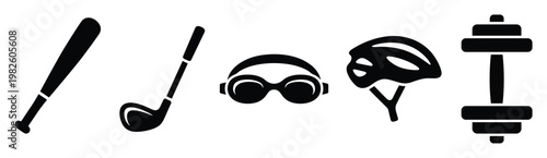 Sport equipment icon set for athletic pursuits including baseball, golf, swimming, cycling, and weightlifting, perfect for fitness applications, healthy lifestyle campaigns, and sports