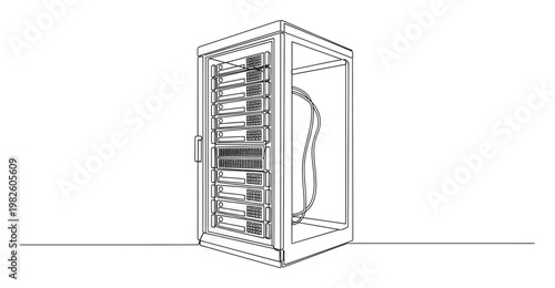 Continuous line drawing of a server rack housing network equipment, an essential visual for IT infrastructure, data center visualization, and technology explanation across diverse