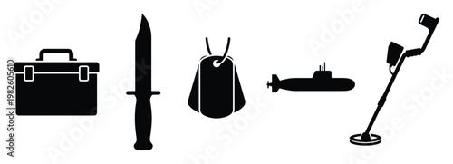 This essential collection of military tools and exploration equipment featuring a submarine dog tag knife briefcase and metal detector can enhance diverse design projects