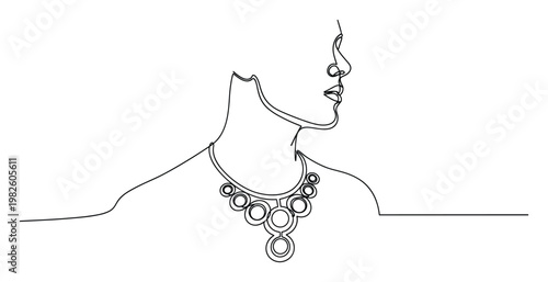 Elegant continuous line drawing of a stylish person in profile adorned with a geometric necklace, ideal for contemporary luxury brand promotions and artistic design projects