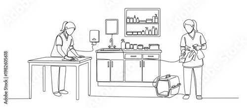 Two female veterinary technicians or medical staff actively cleaning and sanitizing a treatment room, showcasing healthcare facility maintenance and hygiene practices for various clinical