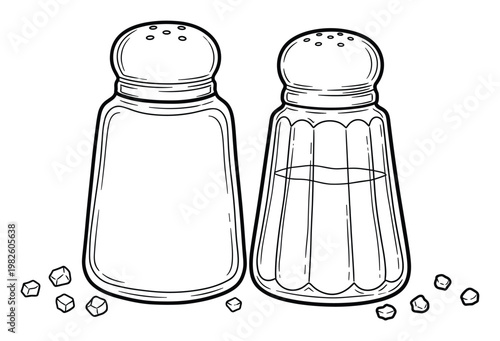 Monochrome outline drawing featuring a pair of traditional shakers, one for salt and another for pepper, perfect for culinary content, food preparation guides, or recipe book accents.