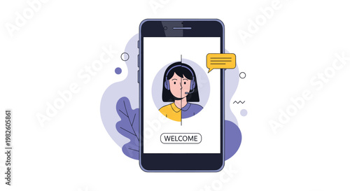 Digital customer support service on a smartphone screen featuring a female operator with a headset and welcome message.