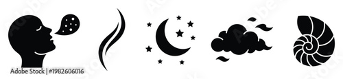 Conceptual glyph set illustrating human breath, pleasant aroma, night sky, cloud, and a natural nautilus shell, suitable for contemporary symbolic communication.