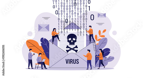 Cybersecurity threat illustration showing a malicious computer virus delivered via email with a skull and crossbones icon.