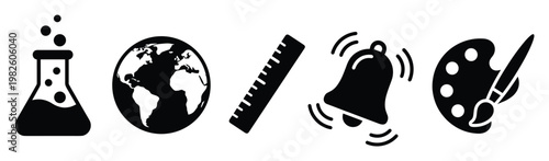 Educational icons set for learning applications school website graphics and teaching materials representing science geography math art and class bell