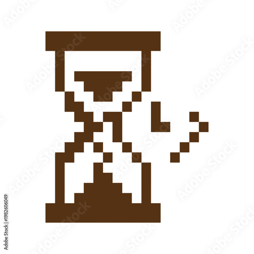 A brown pixelated icon of an hourglass with sand flowing out