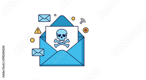 Simple icon of a malicious spam email represented by a blue envelope containing a letter with a skull and crossbones symbol.