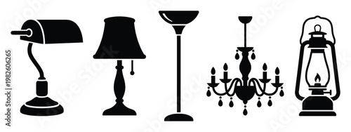 A collection of various indoor and outdoor lighting fixtures including a desk lamp, table lamp, floor lamp, chandelier, and lantern for home decoration and illumination concepts
