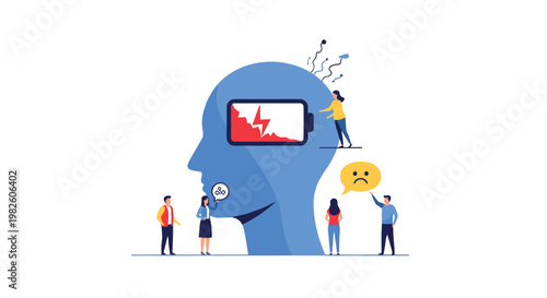 Emotional burnout and mental health concept with a large human head containing a low battery and stressed people around it.