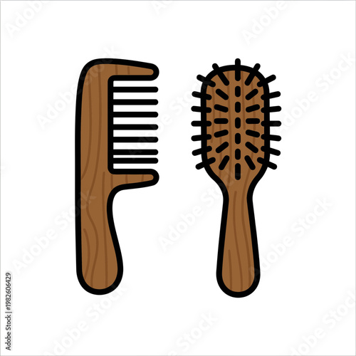 Two wooden hair combs icon for grooming and styling tools