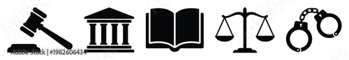 Essential black silhouette icons representing law and justice concepts including a gavel, courthouse, open book, scales, and handcuffs for legal and educational use.