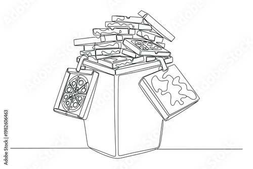 A massive overflowing pile of used pizza boxes symbolizing excessive consumption and food waste, perfect for illustrating environmental challenges or postparty cleanups.