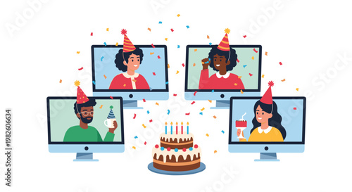 Online birthday celebration with four diverse people on computer screens wearing party hats around a central chocolate cake.