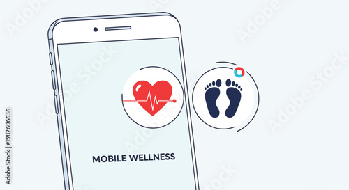 Mobile wellness and health tracking application on a smartphone featuring heart rate and step counter icons for fitness.