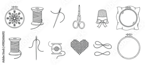 Comprehensive collection of outline sewing and embroidery tools including thread spools needles thimbles scissors and hoops perfect for textile handcraft hobby and DIY project applications