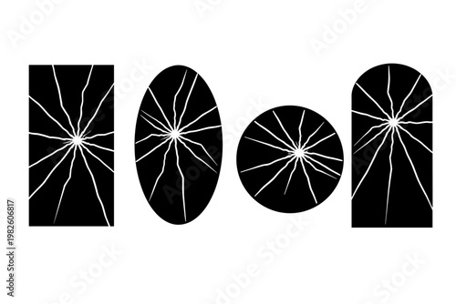 Set of four black and white silhouettes of cracked and broken mirrors in various geometric shapes including rectangle, oval, circle, and arch, flat vector illustration of shattered glass.