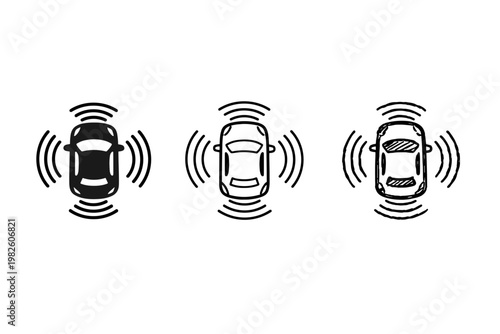 Autonomous Self-Driving Car Icon Set with Sensor Waves, Smart Vehicle Technology Symbols in Solid, Outline, and Sketch Styles, Top View Driverless Automobile with Radar and Lidar Signal Vector