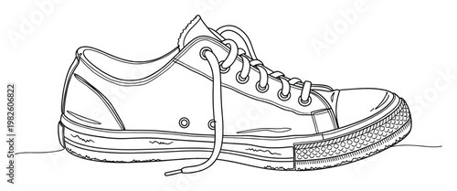 Single black and white line art drawing of a classic canvas lowtop sneaker with laces, ideal for casual footwear promotion, sports apparel designs, or childrens coloring book pages.