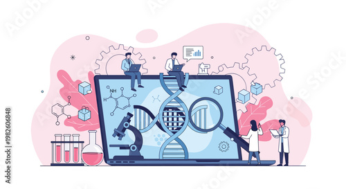 Modern scientific research concept showing medical experts working with DNA sequences and lab equipment on a laptop screen.