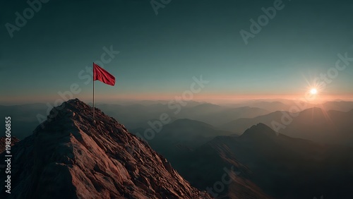 Red flag on mountain peak at sunset represents business success and reaching a goal through perseverance and determination in a vast landscape of clouds today