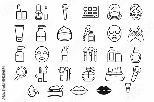 Cosmetics and Beauty Outline Icon Set with Makeup and Skincare Essentials like Lipstick, Brushes, Face Masks, Perfume, and Lotions in a Simple Flat Vector Illustration Style for Graphic Design.