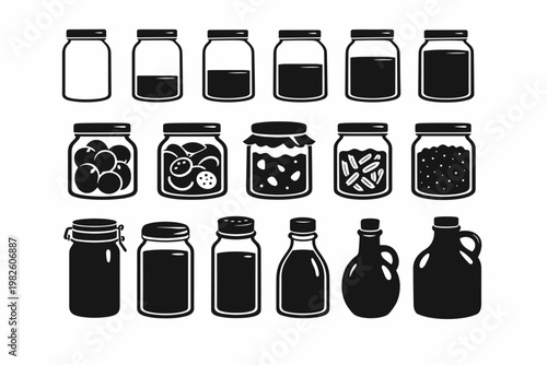Vector Glass Jar Icon Set with Liquid Levels, Food Containers, and Storage Bottle Silhouettes. Mason Jars, Jam Pots, Spice Shakers, and Jugs for Kitchen Pantry Organization and Food Preservation.