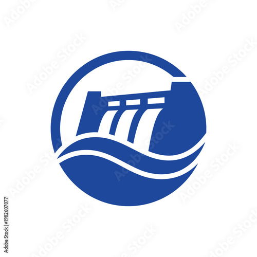 Icon of dam on wavy lines in circular blue icon graphic