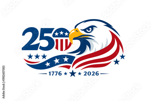 USA 250th Anniversary Logo Vector Illustration Celebrating 250 Years of United States Independence with Bald Eagle, American Flag Stars and Stripes, and Dates 1776 to 2026 Patriotic Design.