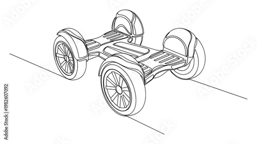Sleek one line drawing depicting an electric selfbalancing scooter, excellent for showcasing personal urban mobility solutions or technology innovation in various projects.