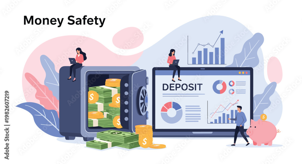 Fototapeta premium Secure money savings and banking deposit concept with people sitting on a large safe next to a laptop with financial charts.
