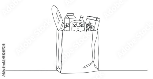 Continuous line drawing of a paper grocery bag filled with fresh produce and essential food items like bread, milk, and fruit, perfect for retail promotions or healthy lifestyle messages.