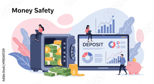 Secure money savings and banking deposit concept with people sitting on a large safe next to a laptop with financial charts.