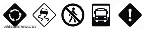 Black and white universal road traffic signs including roundabout, slippery road, no pedestrian, bus stop, and general warning symbols for various transportation and safety guidance