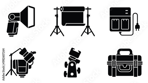 Professional photography studio equipment icons for various lighting setups, background systems, and gear organization perfect for graphic design resources and educational content