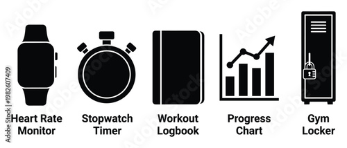Essential fitness tracking and gym equipment icons for healthconscious individuals and workout enthusiasts to monitor progress and maintain organization in their exercise routines