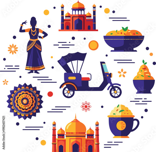 Indian culture festival elements with Taj Mahal food scooter and traditional dancer isolated on transparent background colorful India vector illustration