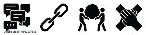 Business communication, strong connection, teamwork, and unity concepts are represented by these versatile black glyph icons for corporate presentations, digital interfaces, and