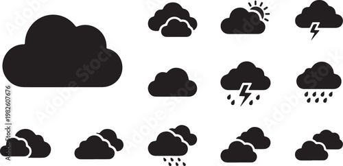 A set of clean, black weather icons featuring various cloud formations, including sunny intervals, rain, and thunderstorms, presented against a solid white background.