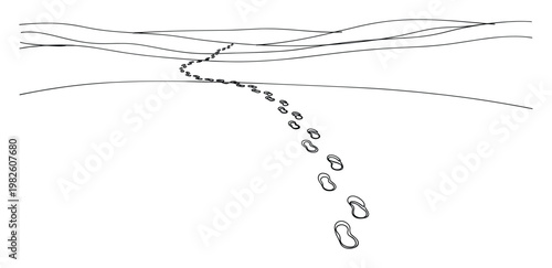 Footprints trailing across a barren landscape towards distant rolling hills symbolize personal adventure and a significant journey, excellent for illustrating concepts of exploration,