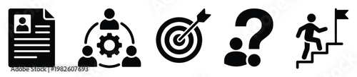 Set of human resources and business management icons depicting job applications, team collaboration, strategic goal setting, inquiry, and career progression suitable for corporate and